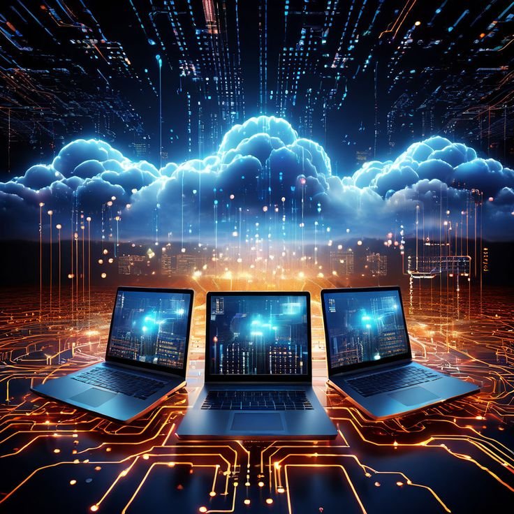 Three laptops on a circuit board surface connect via light beams to glowing blue clouds above a city, symbolizing cloud computing.